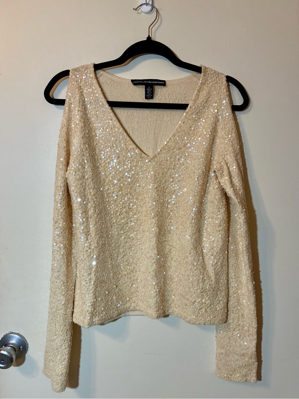 NWOT Cashmere Sequined Cold-Shoulder V-neck Sweater Top Cream Neutral Event M